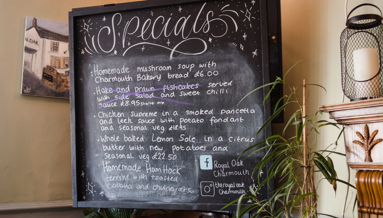 Special board the Royal Oak Inn, Charmouth