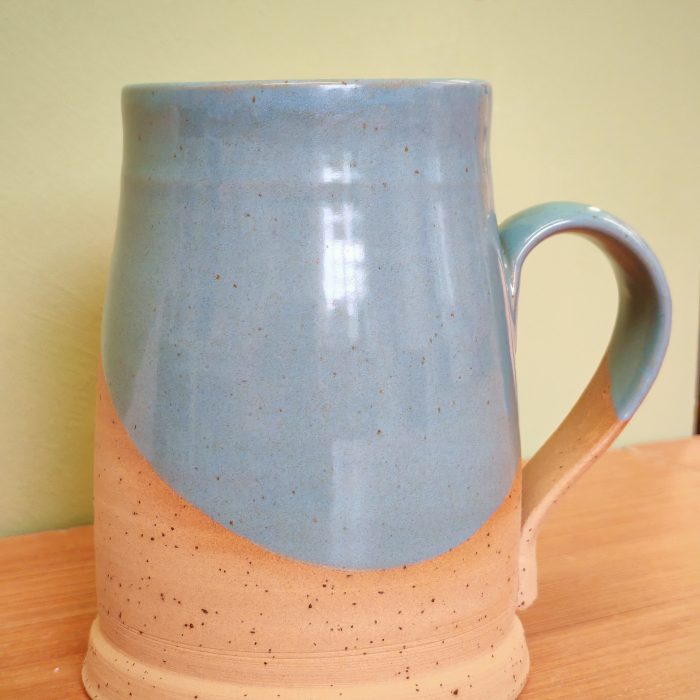 Back view of Palmers tankard in stone and blue